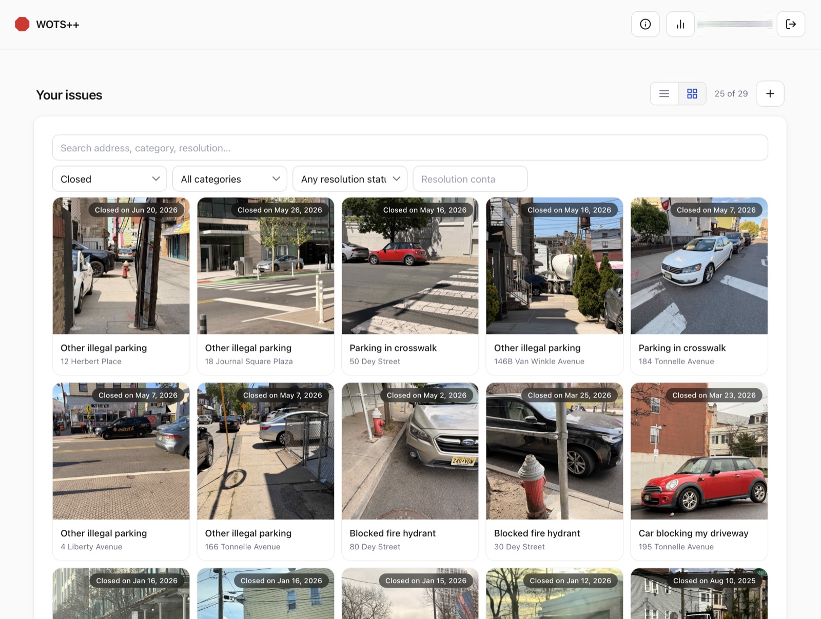 WOTS++ grid view of parking violation photos.