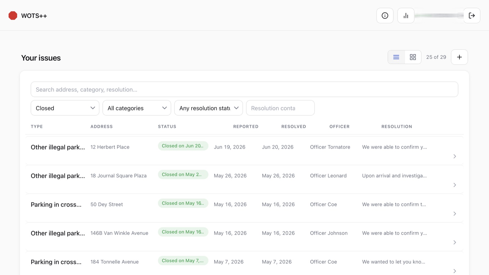 WOTS++ list view showing a data table of parking reports with filters.